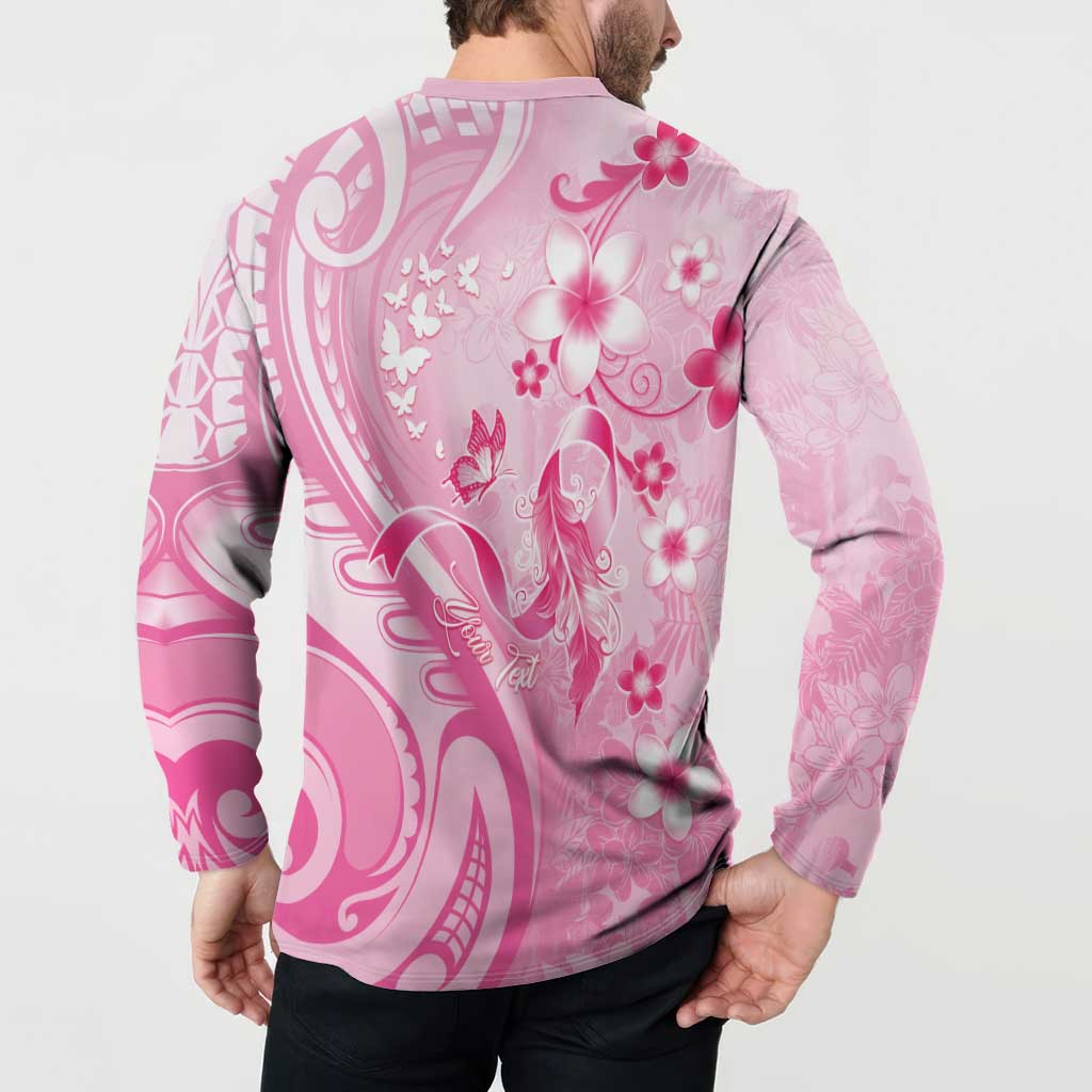 Personalised Memorial Pink Breast Cancer Awareness Button Sweatshirt Plumeria Floral Tribal Pattern - Polynesian Pride