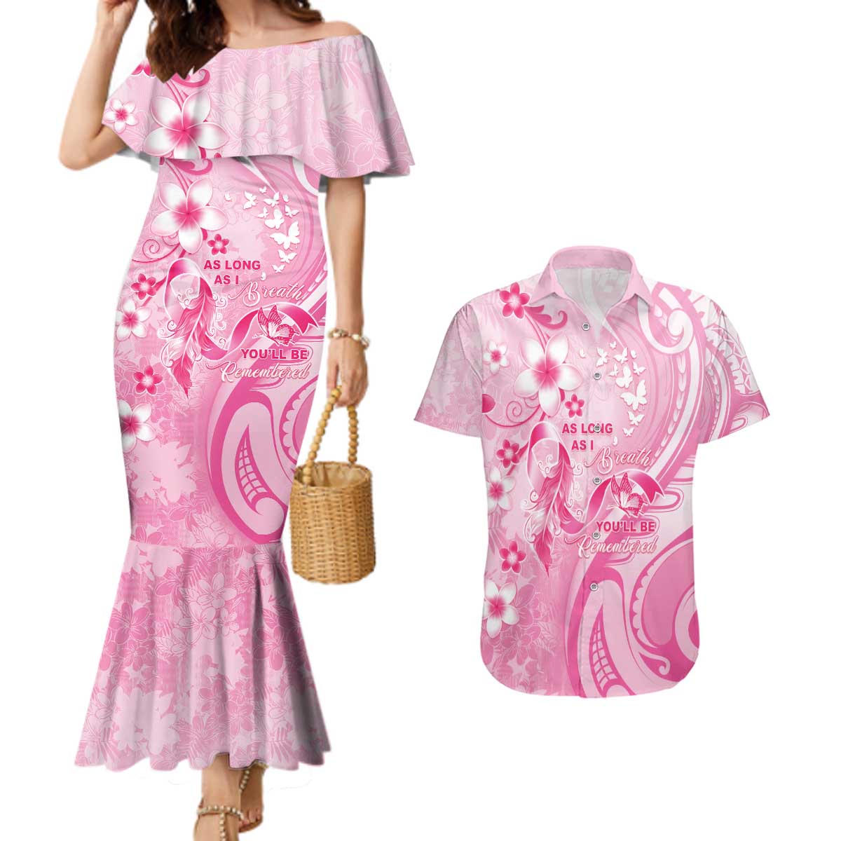 Personalised Memorial Pink Breast Cancer Awareness Couples Matching Mermaid Dress and Hawaiian Shirt Plumeria Floral Tribal Pattern - Polynesian Pride