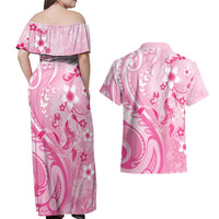 Personalised Memorial Pink Breast Cancer Awareness Couples Matching Off Shoulder Maxi Dress and Hawaiian Shirt Plumeria Floral Tribal Pattern - Polynesian Pride