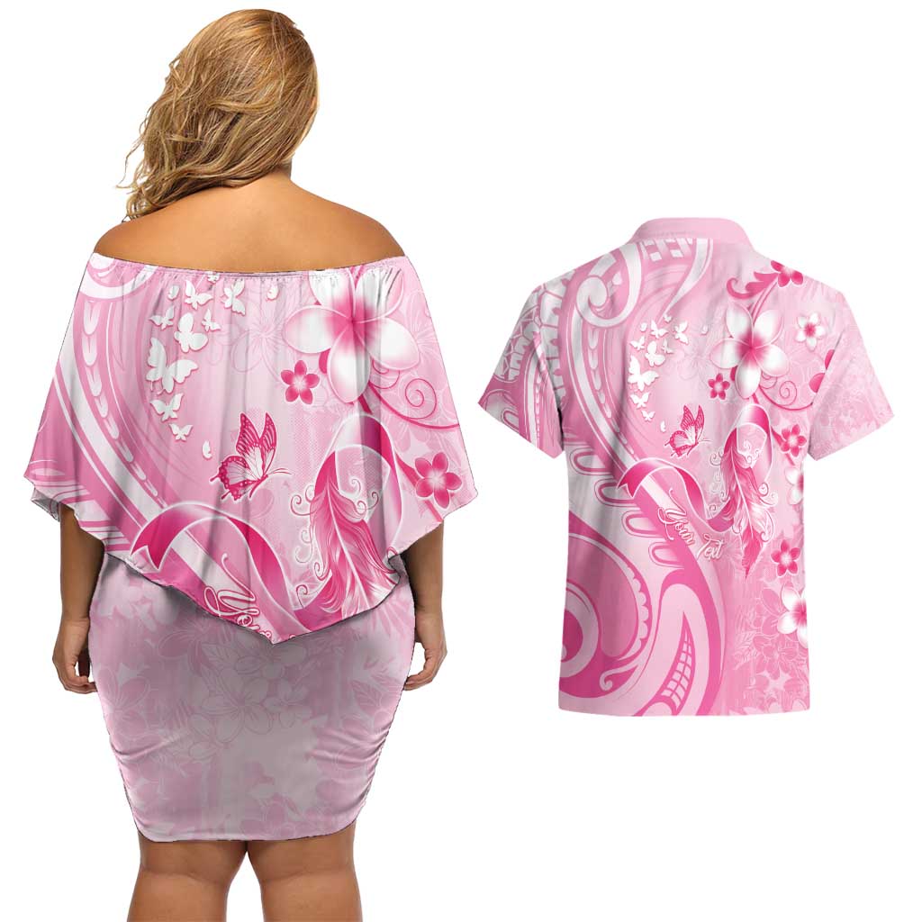 Personalised Memorial Pink Breast Cancer Awareness Couples Matching Off Shoulder Short Dress and Hawaiian Shirt Plumeria Floral Tribal Pattern - Polynesian Pride