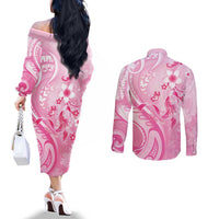 Personalised Memorial Pink Breast Cancer Awareness Couples Matching Off The Shoulder Long Sleeve Dress and Long Sleeve Button Shirt Plumeria Floral Tribal Pattern - Polynesian Pride