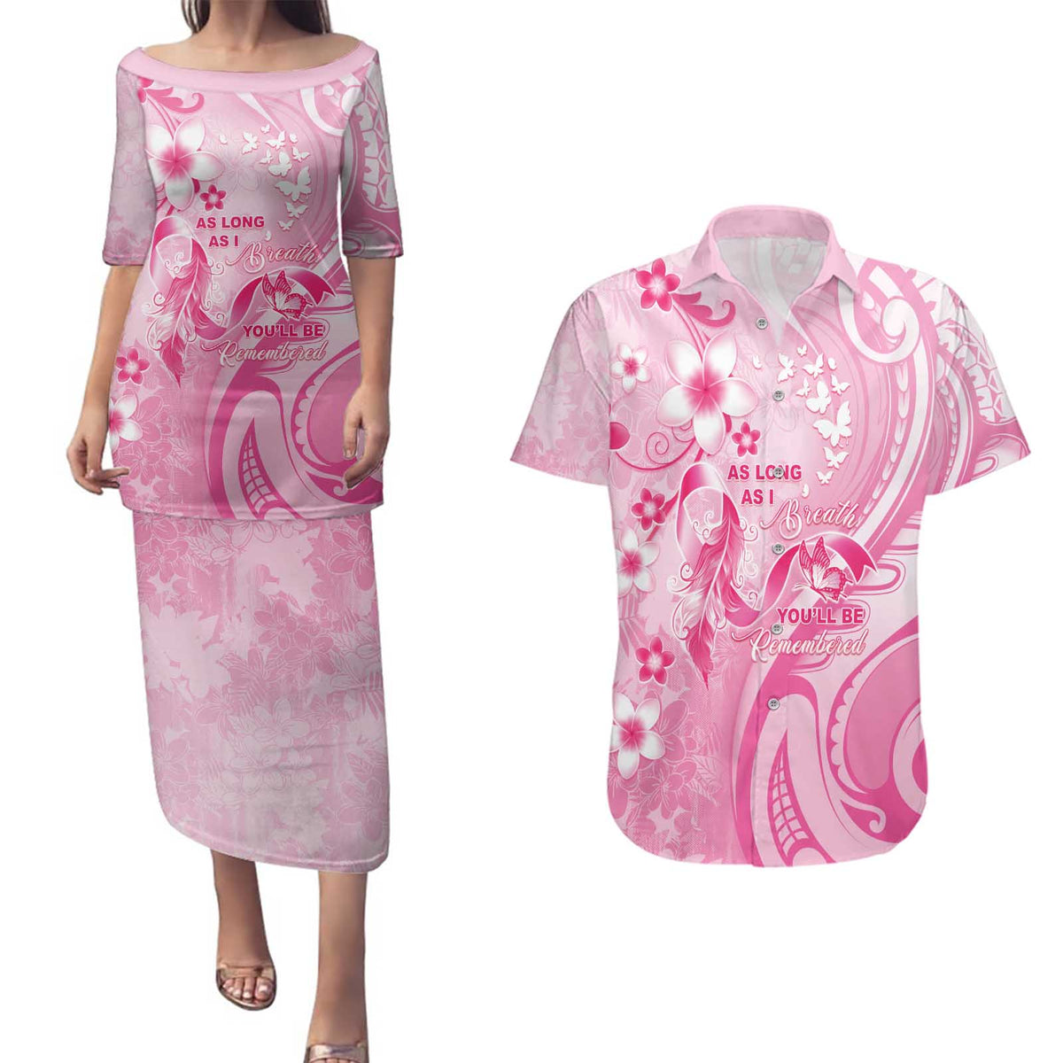 Personalised Memorial Pink Breast Cancer Awareness Couples Matching Puletasi and Hawaiian Shirt Plumeria Floral Tribal Pattern - Polynesian Pride