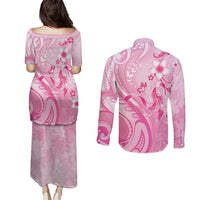 Personalised Memorial Pink Breast Cancer Awareness Couples Matching Puletasi and Long Sleeve Button Shirt Plumeria Floral Tribal Pattern - Polynesian Pride