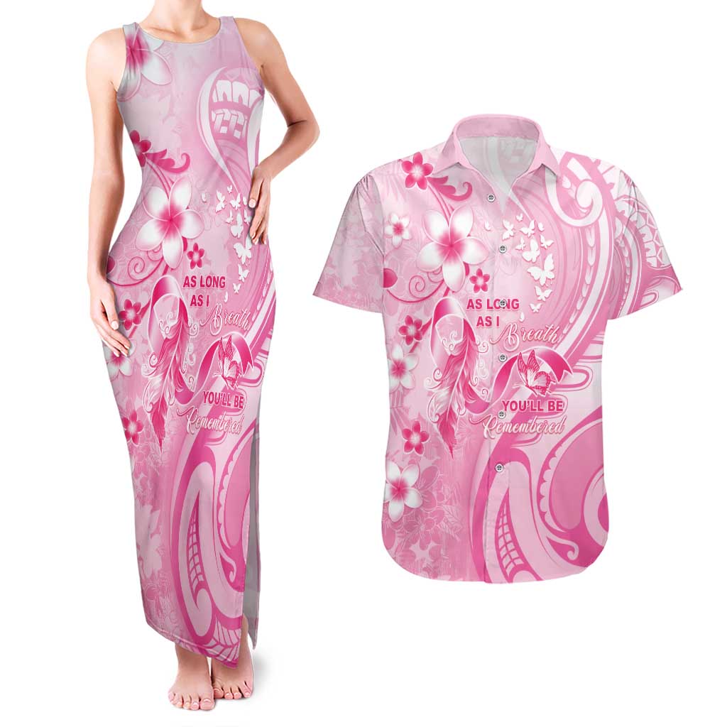 Personalised Memorial Pink Breast Cancer Awareness Couples Matching Tank Maxi Dress and Hawaiian Shirt Plumeria Floral Tribal Pattern - Polynesian Pride