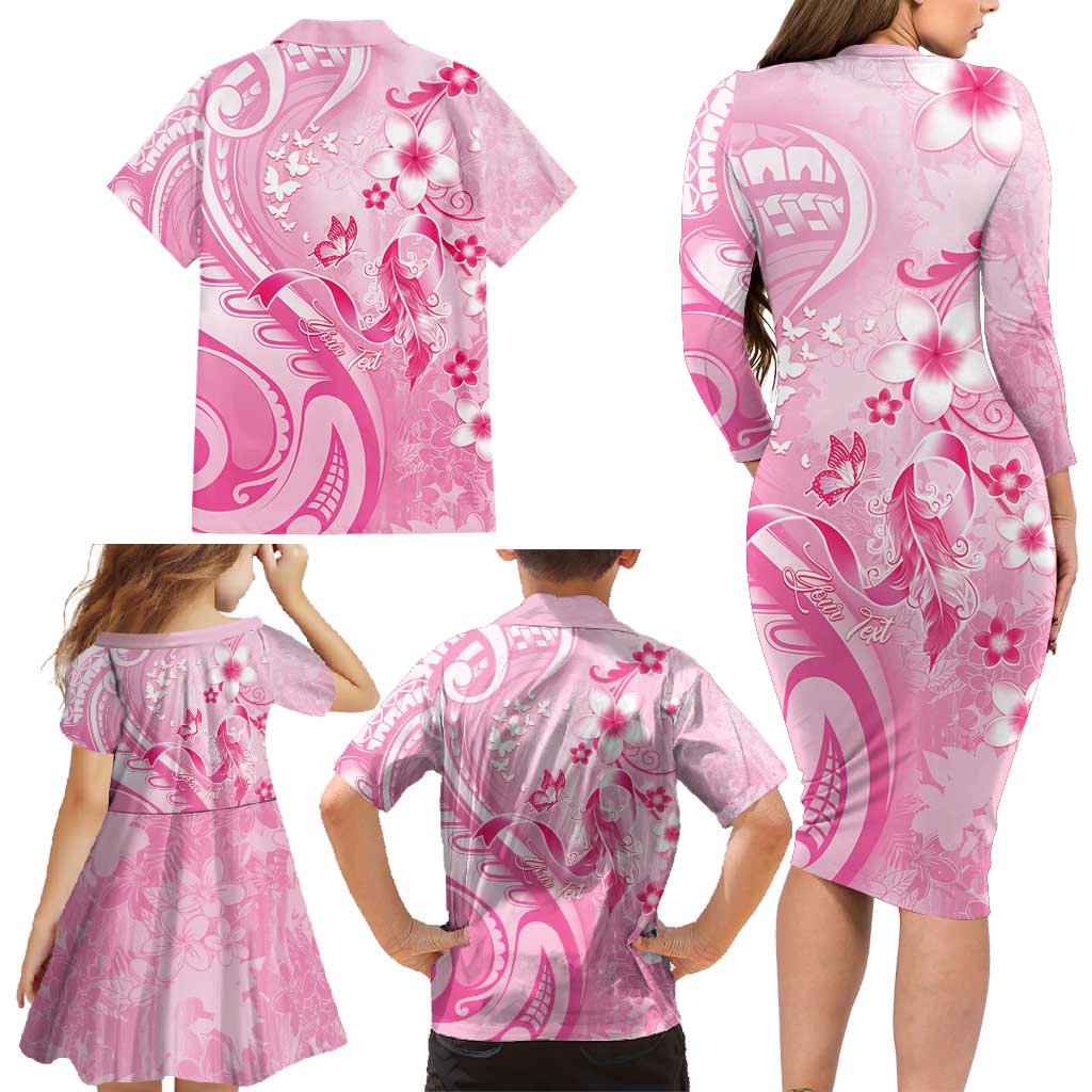 Personalised Memorial Pink Breast Cancer Awareness Family Matching Long Sleeve Bodycon Dress and Hawaiian Shirt Plumeria Floral Tribal Pattern - Polynesian Pride
