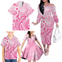 Personalised Memorial Pink Breast Cancer Awareness Family Matching Off The Shoulder Long Sleeve Dress and Hawaiian Shirt Plumeria Floral Tribal Pattern - Polynesian Pride