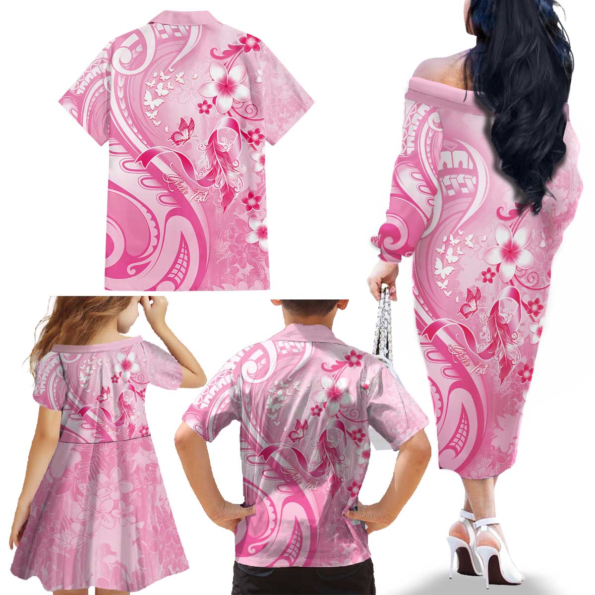 Personalised Memorial Pink Breast Cancer Awareness Family Matching Off The Shoulder Long Sleeve Dress and Hawaiian Shirt Plumeria Floral Tribal Pattern - Polynesian Pride
