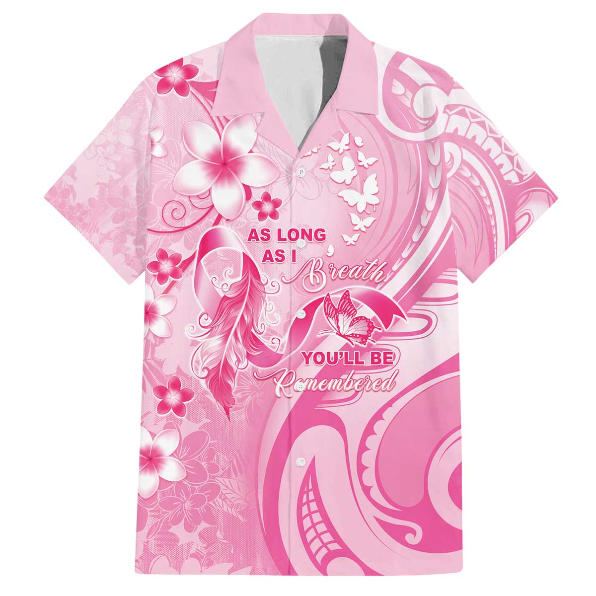 Personalised Memorial Pink Breast Cancer Awareness Family Matching Off The Shoulder Long Sleeve Dress and Hawaiian Shirt Plumeria Floral Tribal Pattern - Polynesian Pride