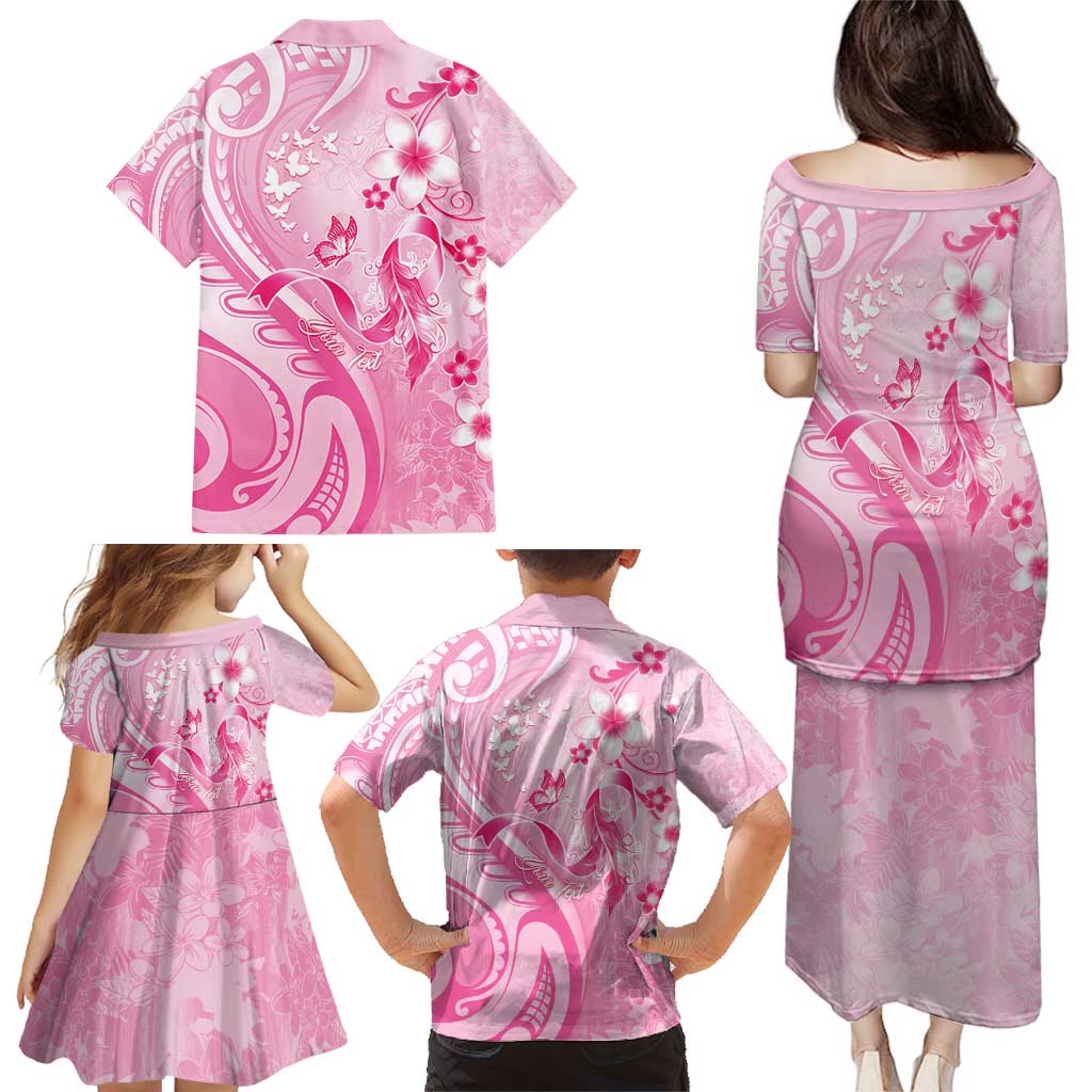Personalised Memorial Pink Breast Cancer Awareness Family Matching Puletasi and Hawaiian Shirt Plumeria Floral Tribal Pattern - Polynesian Pride