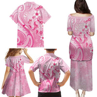 Personalised Memorial Pink Breast Cancer Awareness Family Matching Puletasi and Hawaiian Shirt Plumeria Floral Tribal Pattern - Polynesian Pride