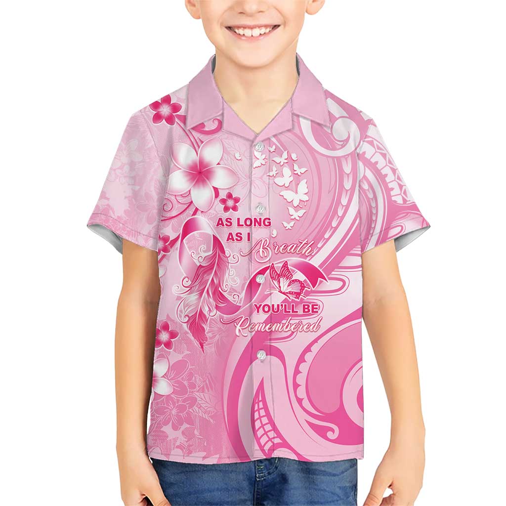 Personalised Memorial Pink Breast Cancer Awareness Kid Hawaiian Shirt Plumeria Floral Tribal Pattern - Polynesian Pride