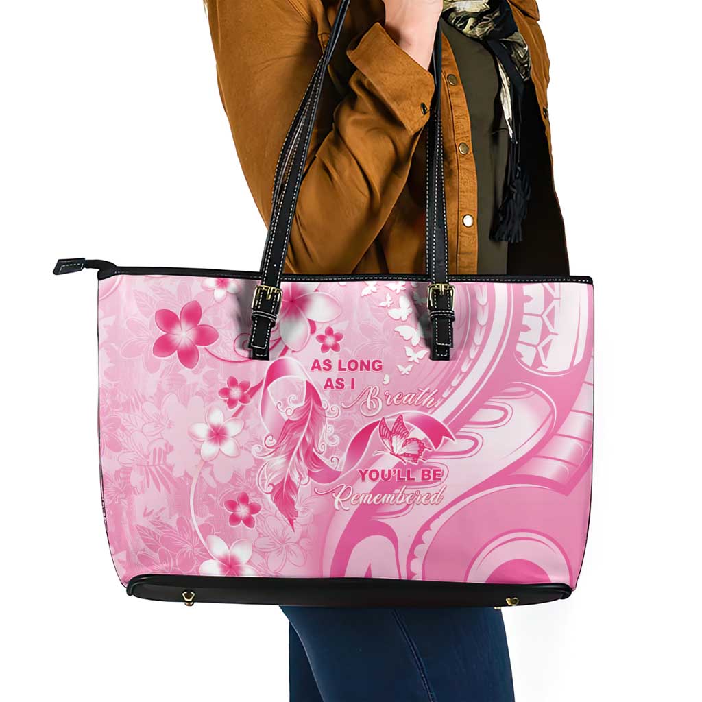 Memorial Pink Breast Cancer Awareness Leather Tote Bag Plumeria Floral Tribal Pattern - Polynesian Pride