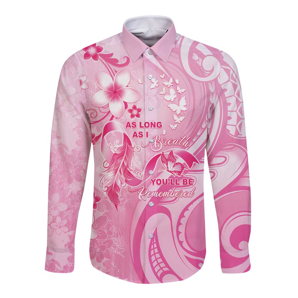 Personalised Memorial Pink Breast Cancer Awareness Long Sleeve Button Shirt Plumeria Floral Tribal Pattern - Polynesian Pride