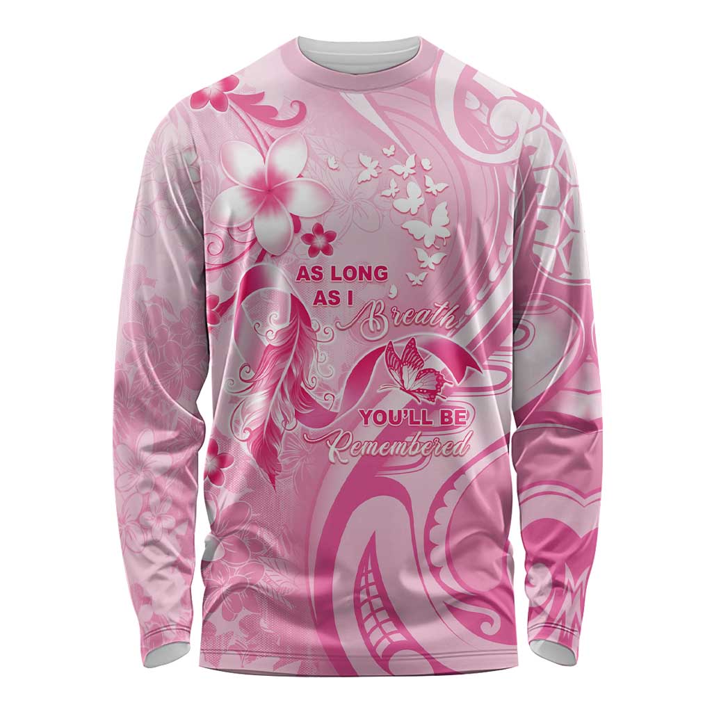 Personalised Memorial Pink Breast Cancer Awareness Long Sleeve Shirt Plumeria Floral Tribal Pattern - Polynesian Pride