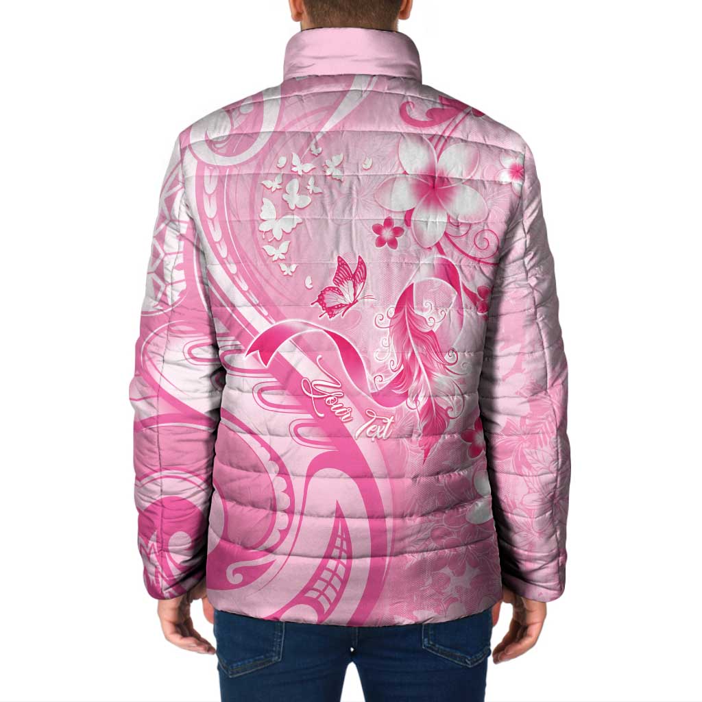 Personalised Memorial Pink Breast Cancer Awareness Padded Jacket Plumeria Floral Tribal Pattern - Polynesian Pride