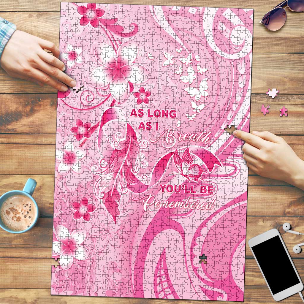 Memorial Pink Breast Cancer Awareness Puzzle Plumeria Floral Tribal Pattern - Polynesian Pride