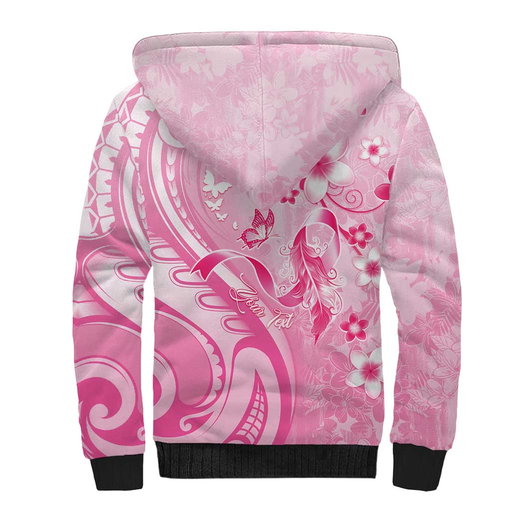 Personalised Memorial Pink Breast Cancer Awareness Sherpa Hoodie Plumeria Floral Tribal Pattern - Polynesian Pride