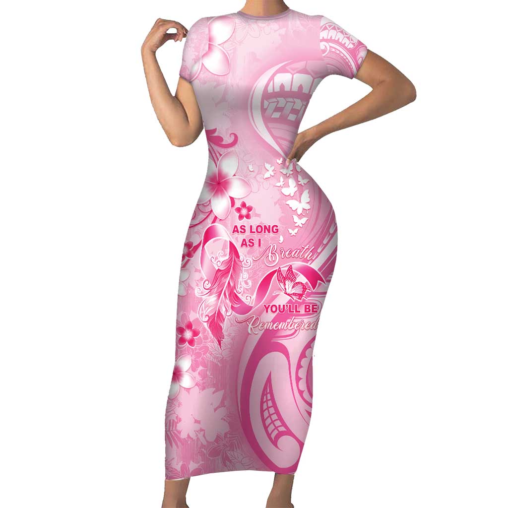 Personalised Memorial Pink Breast Cancer Awareness Short Sleeve Bodycon Dress Plumeria Floral Tribal Pattern - Polynesian Pride