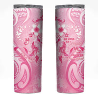 Personalised Memorial Pink Breast Cancer Awareness Skinny Tumbler Plumeria Floral Tribal Pattern - Polynesian Pride