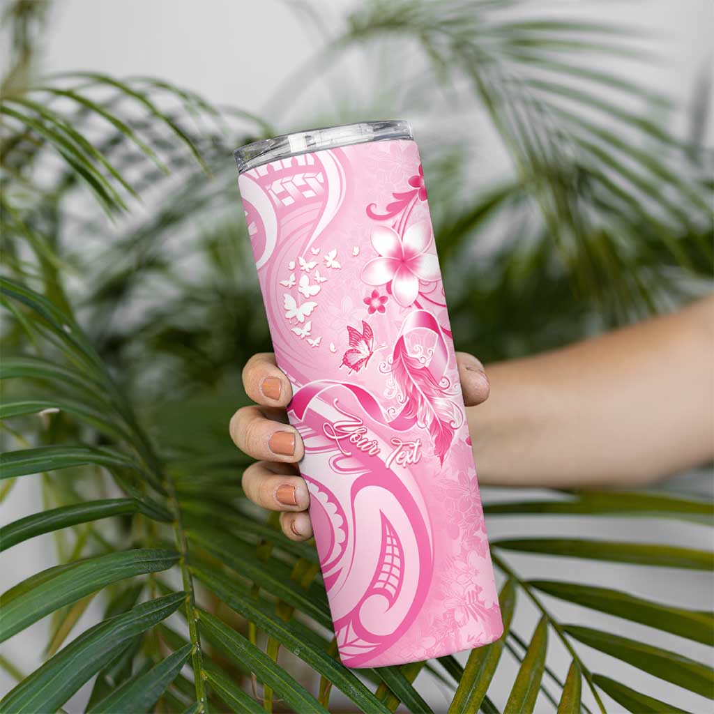 Personalised Memorial Pink Breast Cancer Awareness Skinny Tumbler Plumeria Floral Tribal Pattern - Polynesian Pride