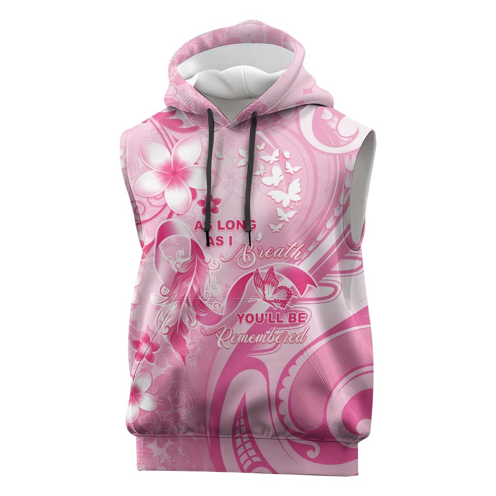 Personalised Memorial Pink Breast Cancer Awareness Sleeveless Hoodie Plumeria Floral Tribal Pattern - Polynesian Pride