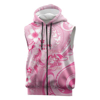 Personalised Memorial Pink Breast Cancer Awareness Sleeveless Zip Hoodie Plumeria Floral Tribal Pattern - Polynesian Pride