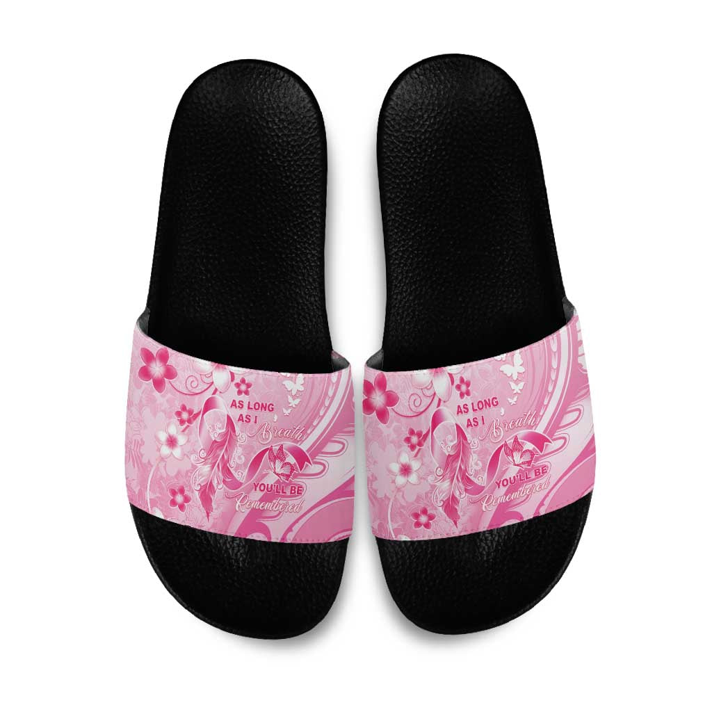 Memorial Pink Breast Cancer Awareness Slide Sandals Plumeria Floral Tribal Pattern - Polynesian Pride