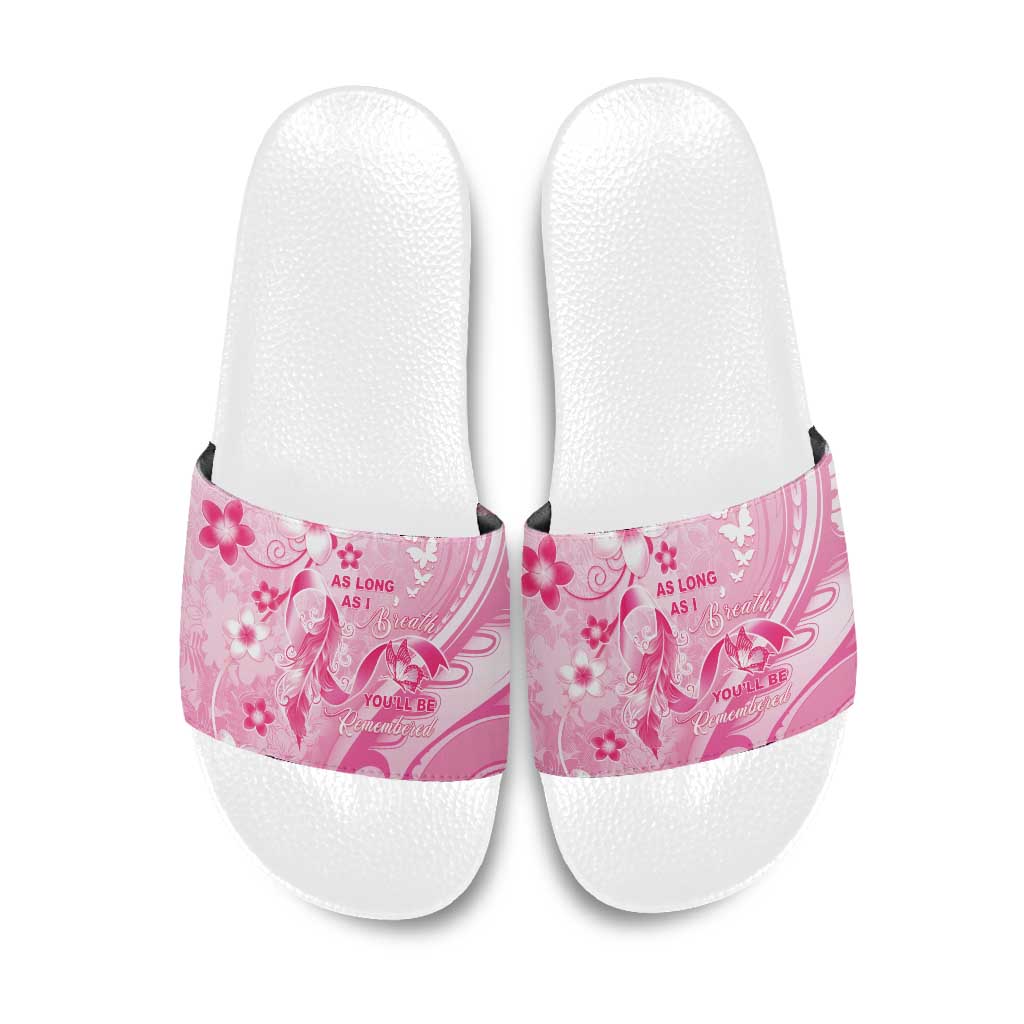 Memorial Pink Breast Cancer Awareness Slide Sandals Plumeria Floral Tribal Pattern - Polynesian Pride