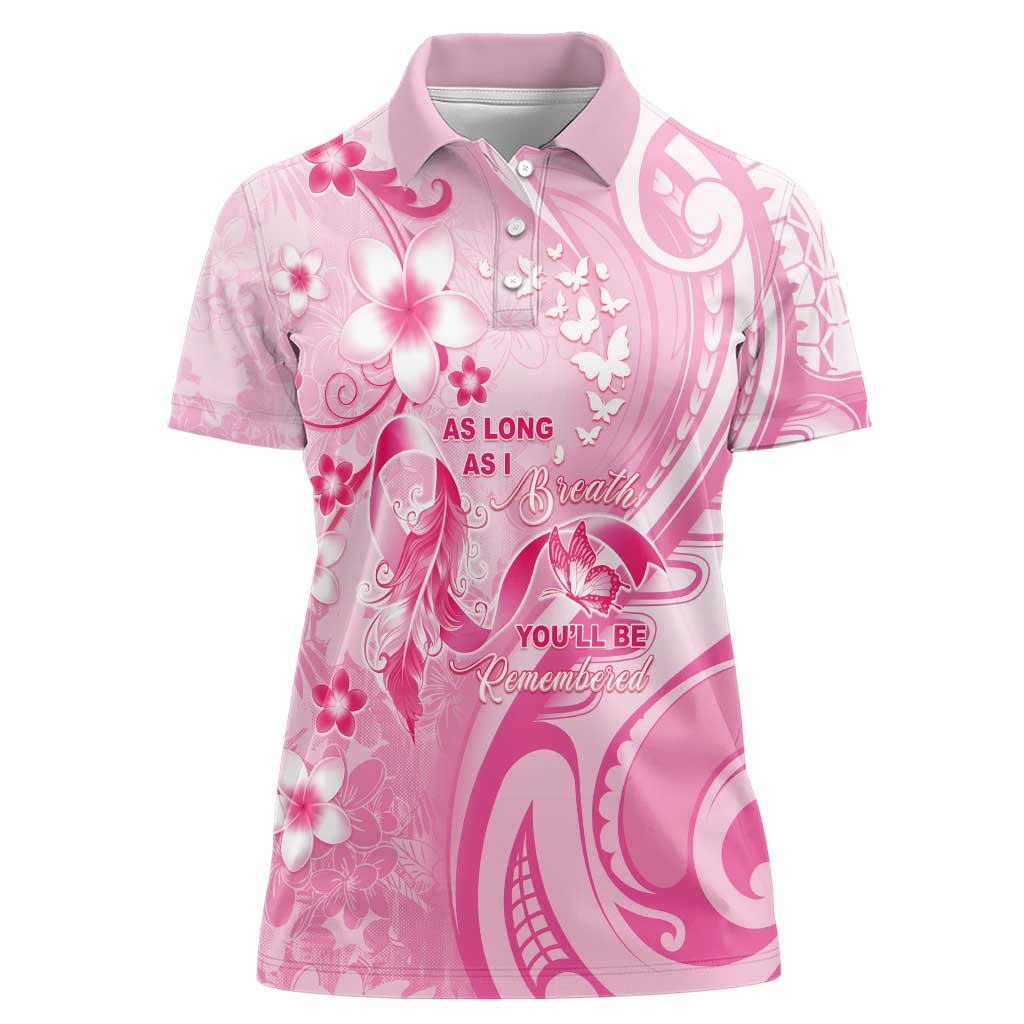Personalised Memorial Pink Breast Cancer Awareness Women Polo Shirt Plumeria Floral Tribal Pattern - Polynesian Pride