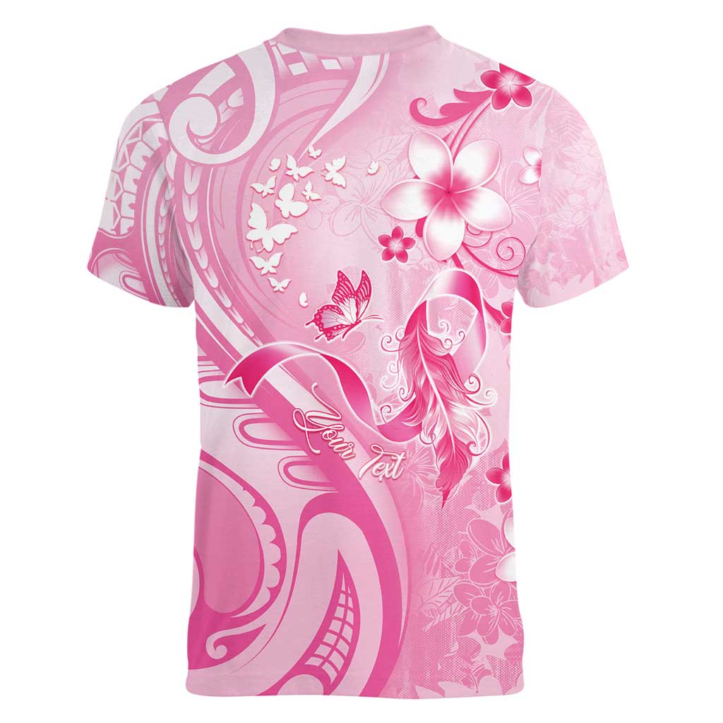 Personalised Memorial Pink Breast Cancer Awareness Women V-Neck T-Shirt Plumeria Floral Tribal Pattern - Polynesian Pride