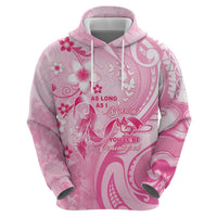 Personalised Memorial Pink Breast Cancer Awareness Zip Hoodie Plumeria Floral Tribal Pattern - Polynesian Pride