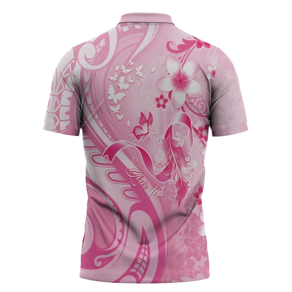 Personalised Memorial Pink Breast Cancer Awareness Zipper Polo Shirt Plumeria Floral Tribal Pattern - Polynesian Pride