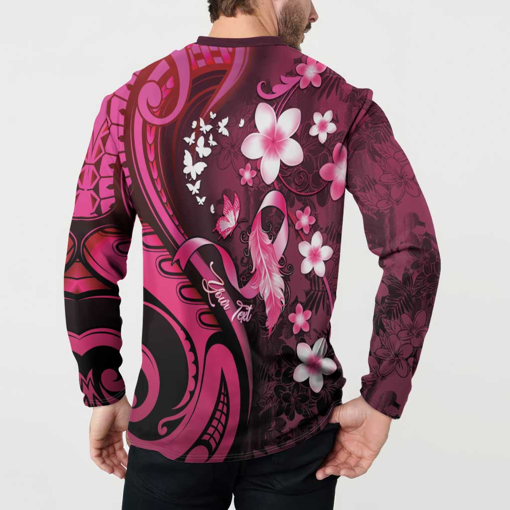 Personalised Memorial Breast Cancer Awareness Button Sweatshirt Plumeria Floral Tribal Pattern - Polynesian Pride
