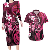Personalised Memorial Breast Cancer Awareness Couples Matching Long Sleeve Bodycon Dress and Hawaiian Shirt Plumeria Floral Tribal Pattern - Polynesian Pride