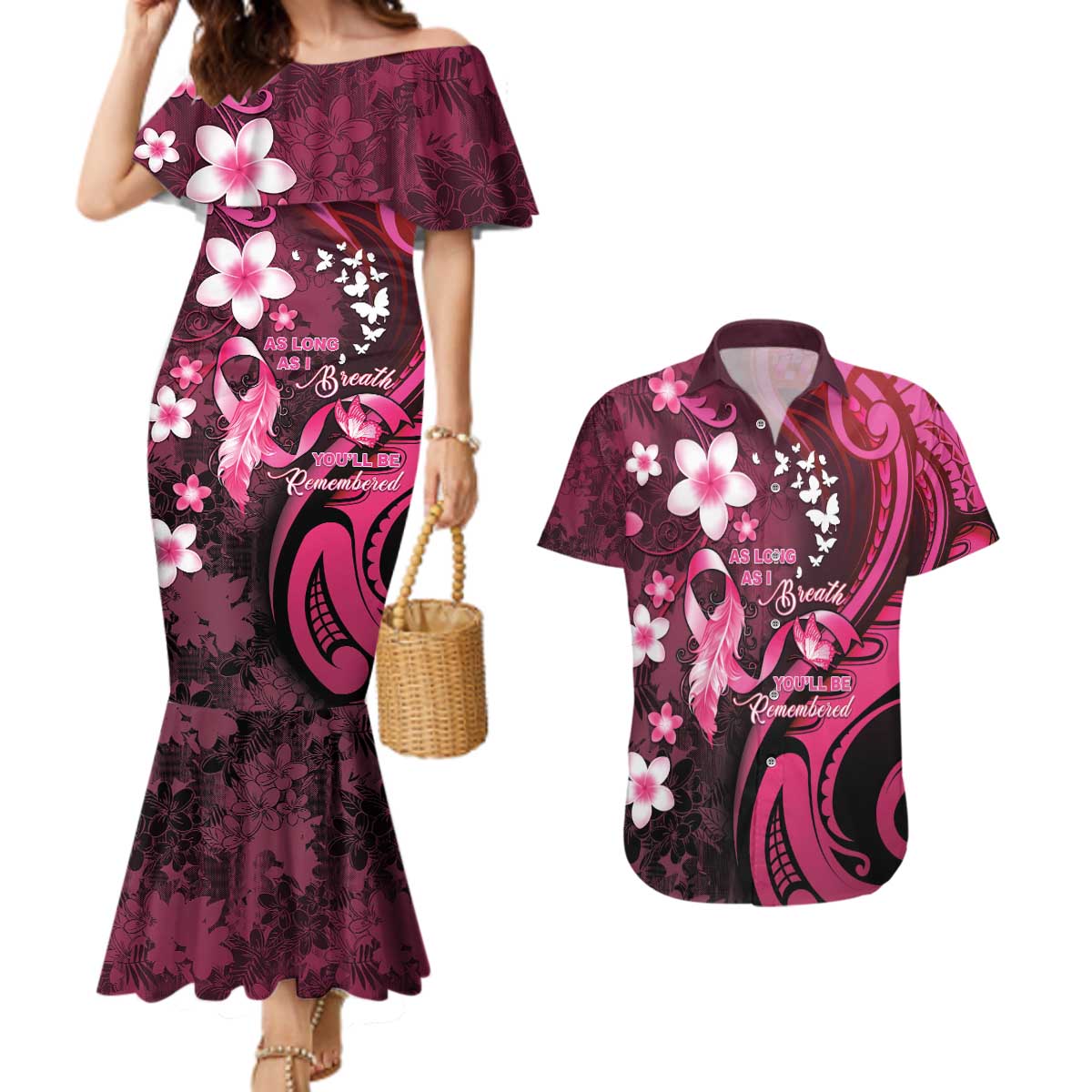 Personalised Memorial Breast Cancer Awareness Couples Matching Mermaid Dress and Hawaiian Shirt Plumeria Floral Tribal Pattern - Polynesian Pride