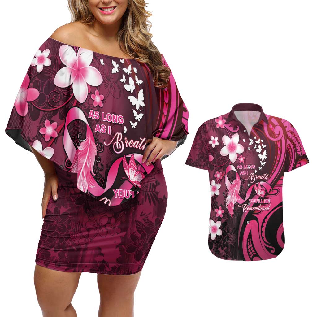 Personalised Memorial Breast Cancer Awareness Couples Matching Off Shoulder Short Dress and Hawaiian Shirt Plumeria Floral Tribal Pattern - Polynesian Pride