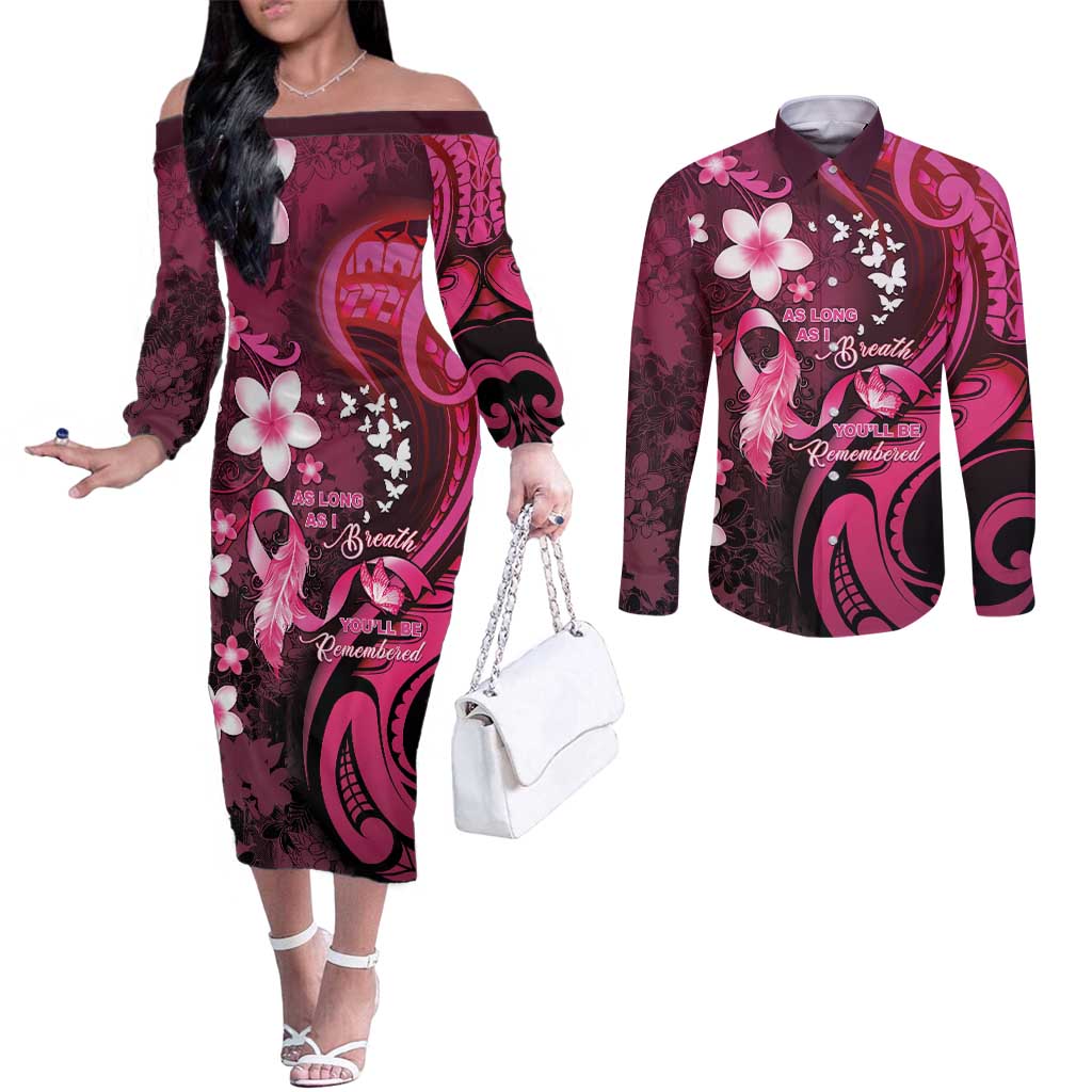 Personalised Memorial Breast Cancer Awareness Couples Matching Off The Shoulder Long Sleeve Dress and Long Sleeve Button Shirt Plumeria Floral Tribal Pattern - Polynesian Pride