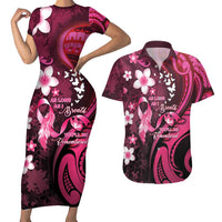 Personalised Memorial Breast Cancer Awareness Couples Matching Short Sleeve Bodycon Dress and Hawaiian Shirt Plumeria Floral Tribal Pattern - Polynesian Pride
