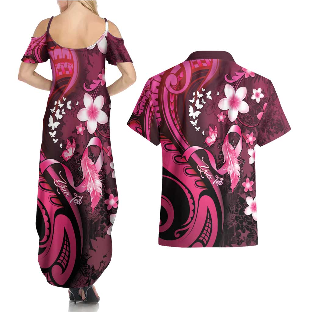 Personalised Memorial Breast Cancer Awareness Couples Matching Summer Maxi Dress and Hawaiian Shirt Plumeria Floral Tribal Pattern - Polynesian Pride