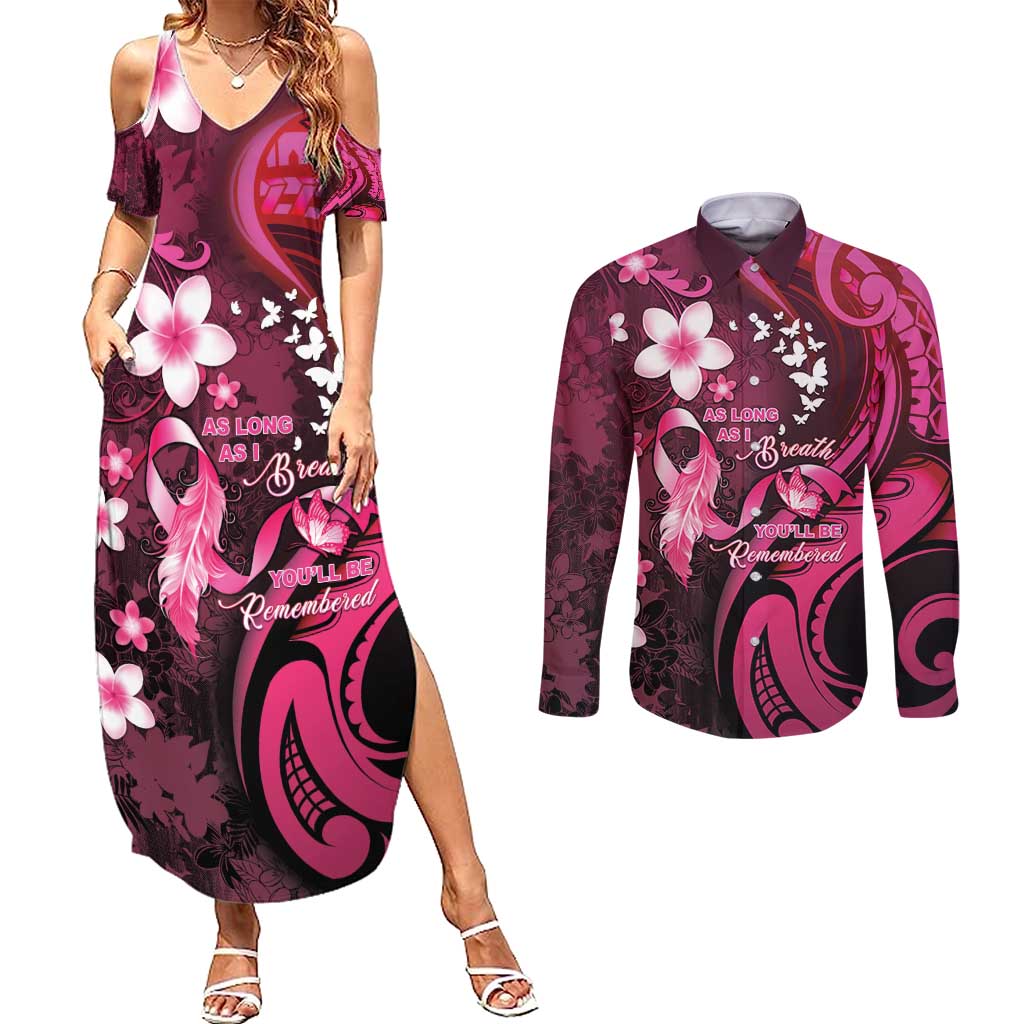 Personalised Memorial Breast Cancer Awareness Couples Matching Summer Maxi Dress and Long Sleeve Button Shirt Plumeria Floral Tribal Pattern - Polynesian Pride