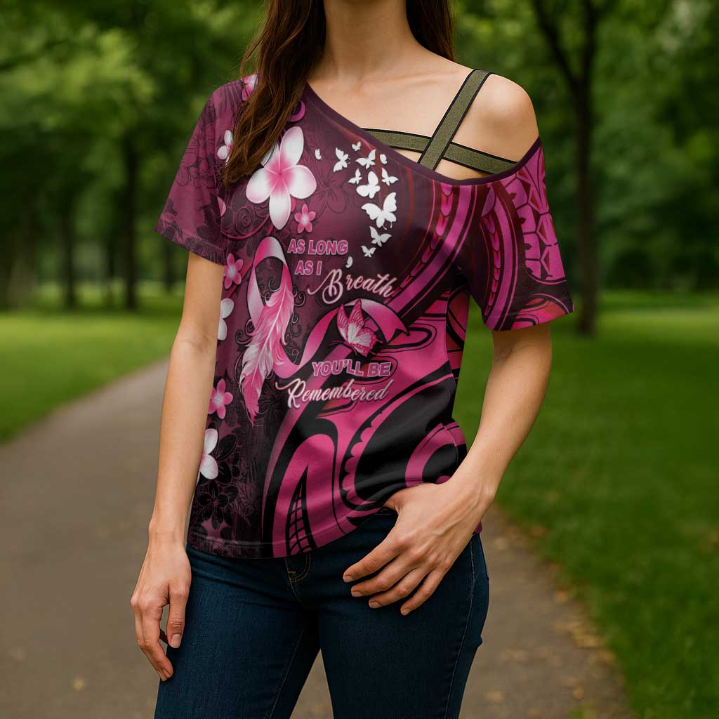 Personalised Memorial Breast Cancer Awareness Cross Shoulder Shirt Plumeria Floral Tribal Pattern - Polynesian Pride