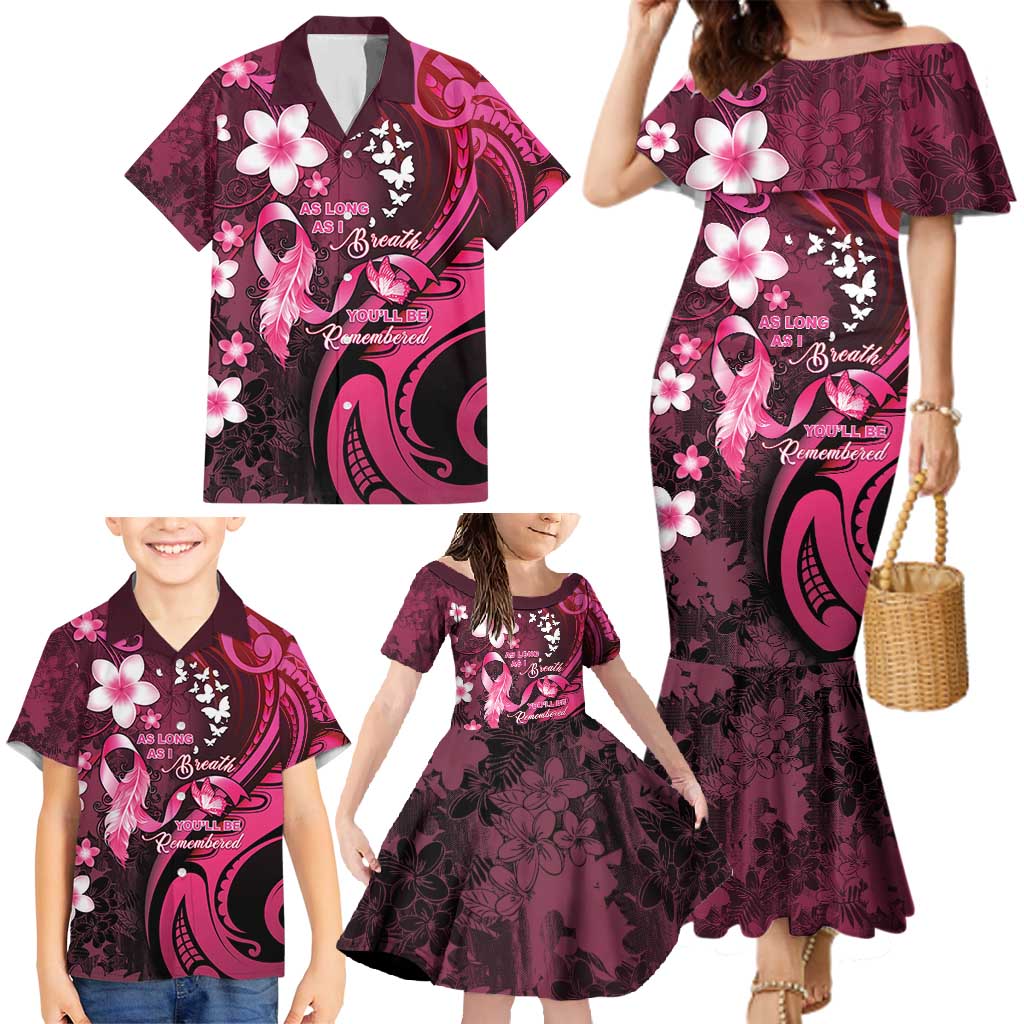 Personalised Memorial Breast Cancer Awareness Family Matching Mermaid Dress and Hawaiian Shirt Plumeria Floral Tribal Pattern - Polynesian Pride
