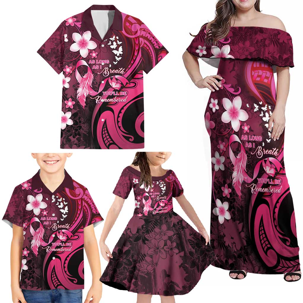Personalised Memorial Breast Cancer Awareness Family Matching Off Shoulder Maxi Dress and Hawaiian Shirt Plumeria Floral Tribal Pattern - Polynesian Pride