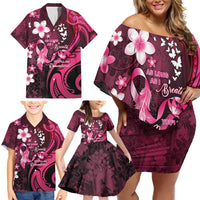 Personalised Memorial Breast Cancer Awareness Family Matching Off Shoulder Short Dress and Hawaiian Shirt Plumeria Floral Tribal Pattern - Polynesian Pride