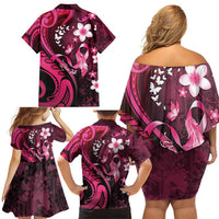 Personalised Memorial Breast Cancer Awareness Family Matching Off Shoulder Short Dress and Hawaiian Shirt Plumeria Floral Tribal Pattern - Polynesian Pride