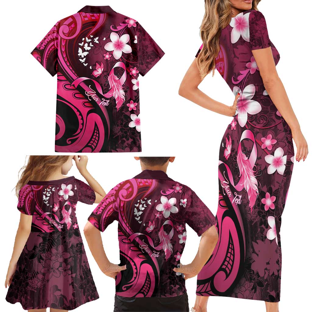 Personalised Memorial Breast Cancer Awareness Family Matching Short Sleeve Bodycon Dress and Hawaiian Shirt Plumeria Floral Tribal Pattern - Polynesian Pride