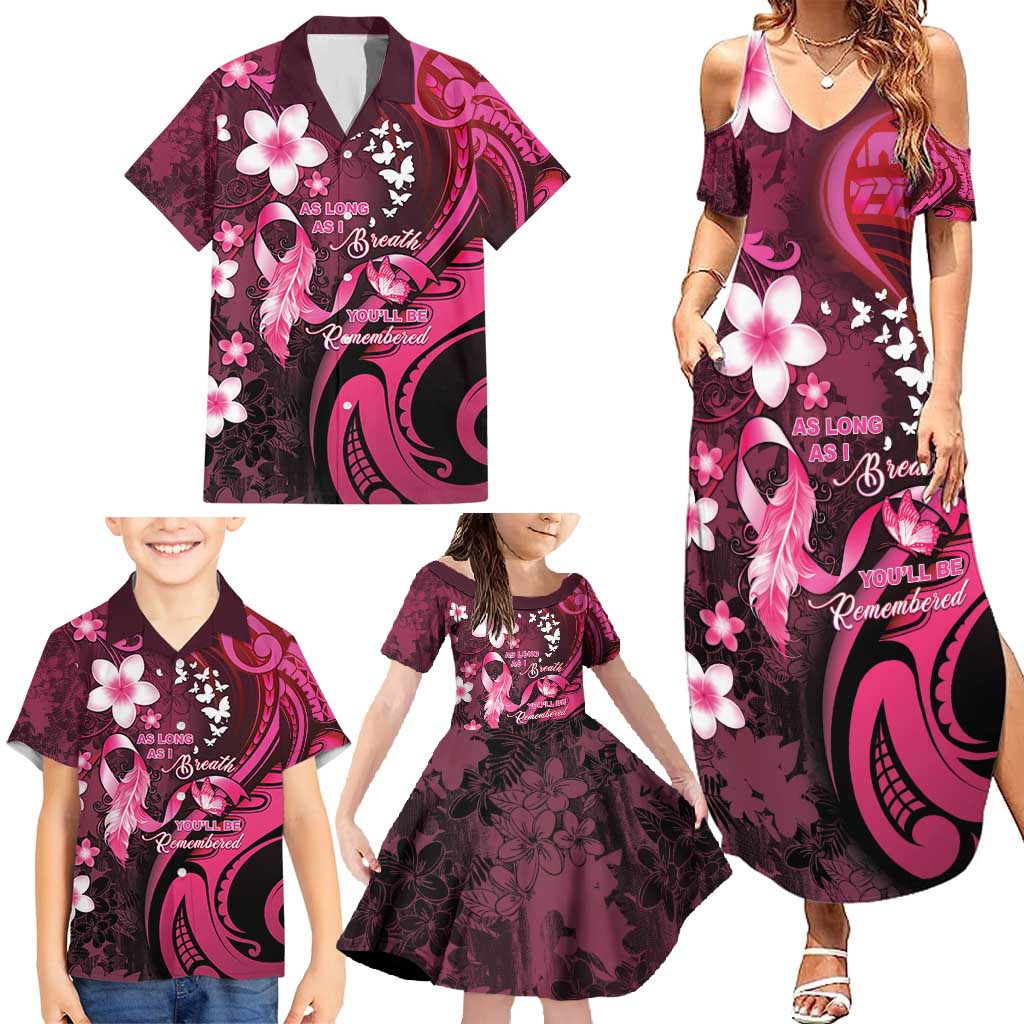 Personalised Memorial Breast Cancer Awareness Family Matching Summer Maxi Dress and Hawaiian Shirt Plumeria Floral Tribal Pattern - Polynesian Pride