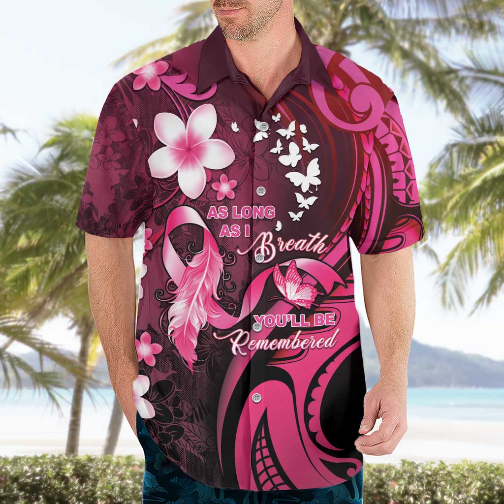 Personalised Memorial Breast Cancer Awareness Hawaiian Shirt Plumeria Floral Tribal Pattern - Polynesian Pride