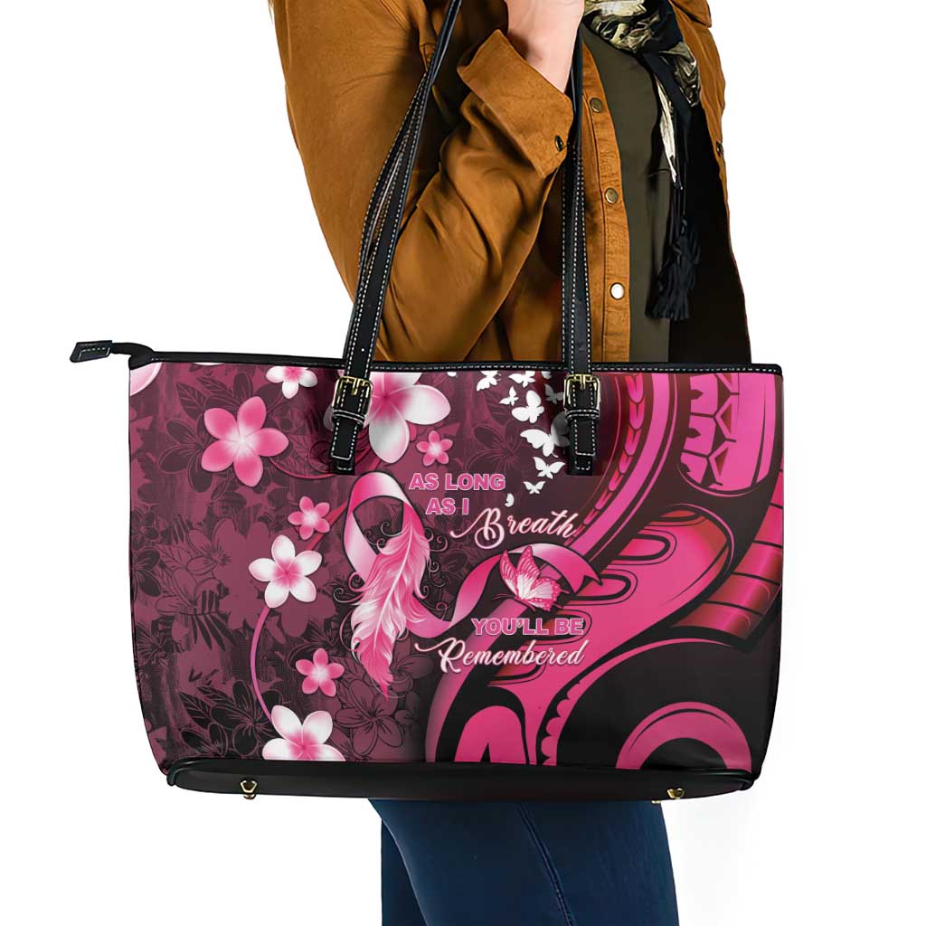 Memorial Breast Cancer Awareness Leather Tote Bag Plumeria Floral Tribal Pattern - Polynesian Pride