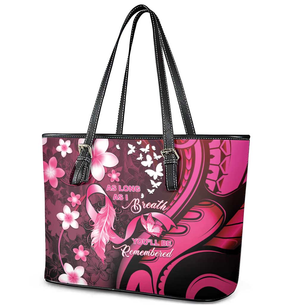 Memorial Breast Cancer Awareness Leather Tote Bag Plumeria Floral Tribal Pattern - Polynesian Pride